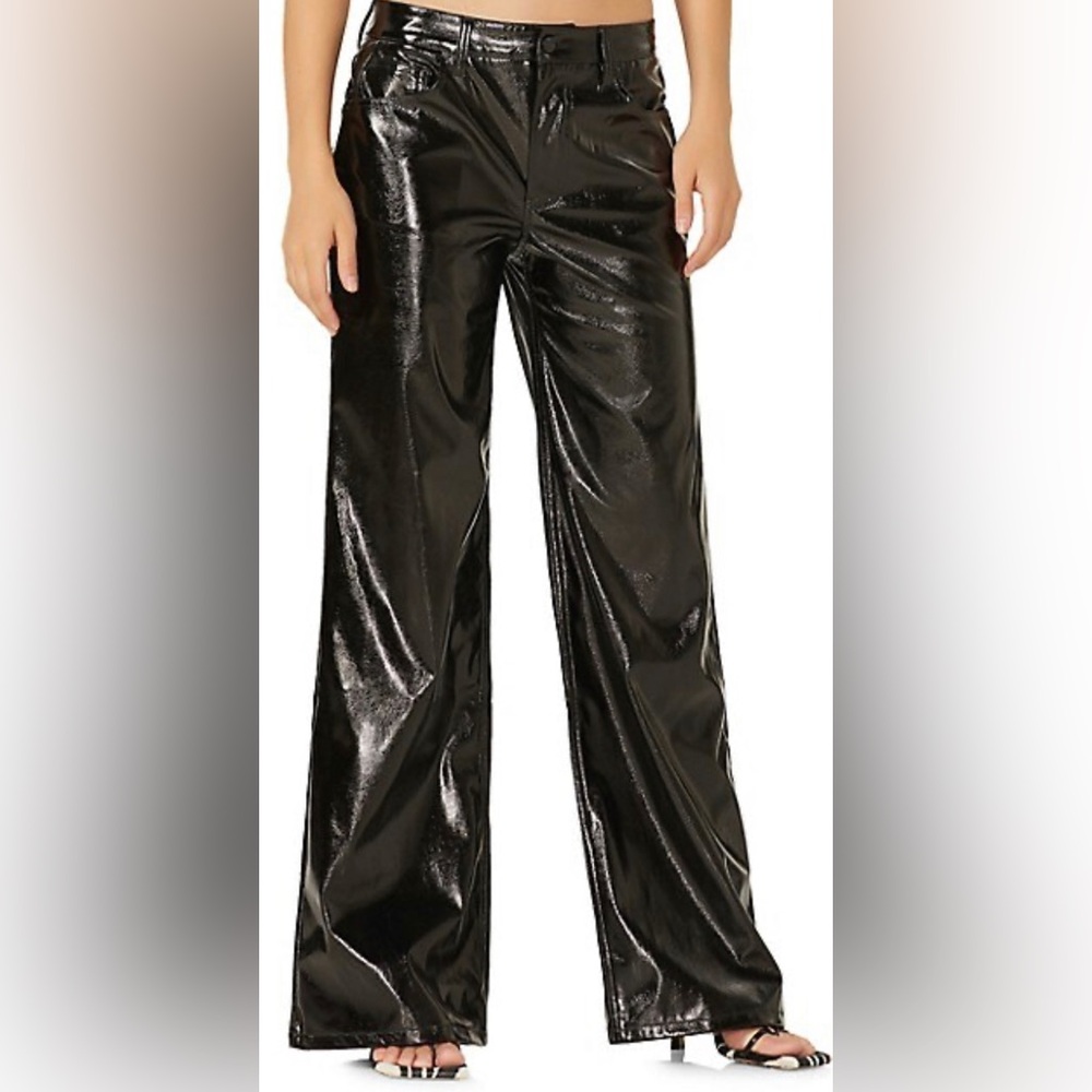 AFRM Xander Low Waist Wide Leg Faux Leather Pant, Noir Crinkle, sz 26
